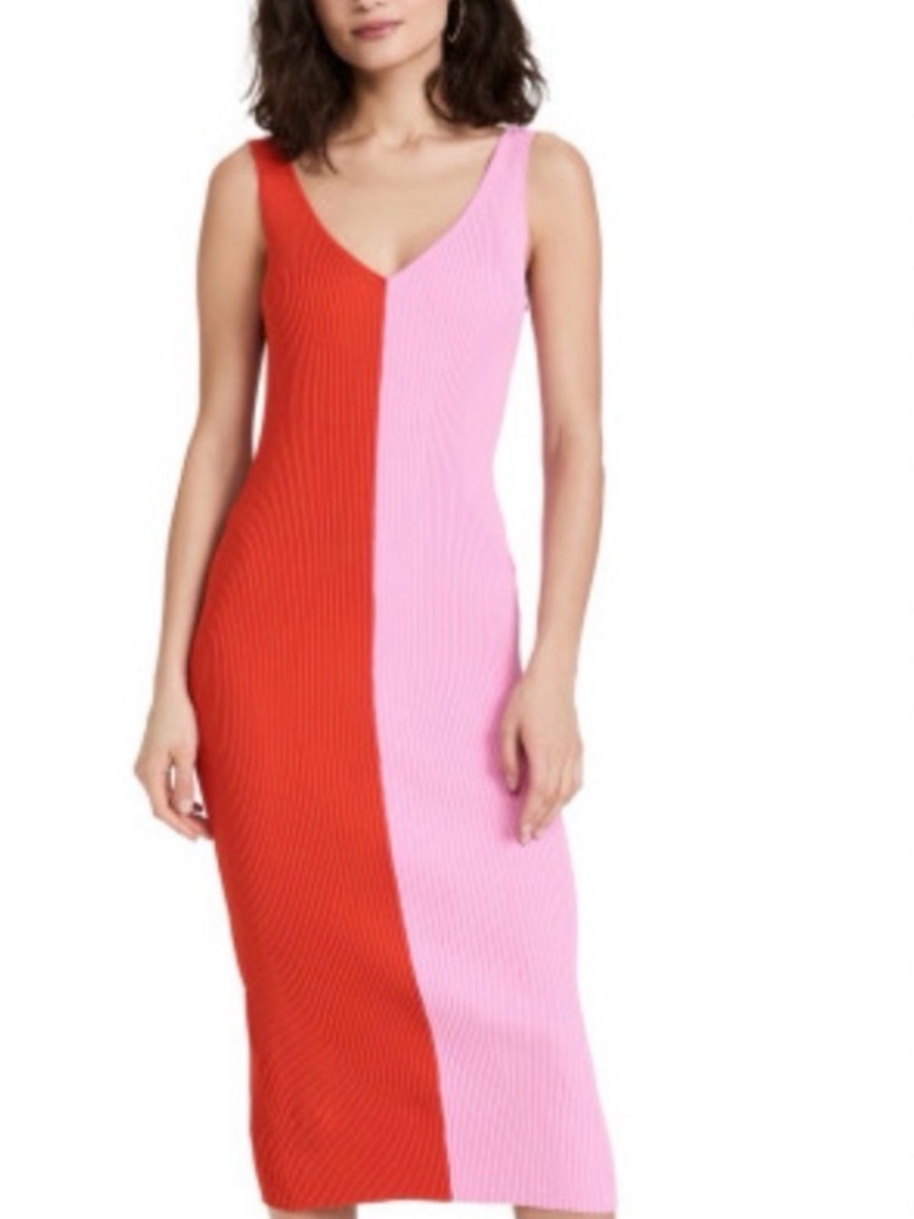 Staud Red and Pink Ribbed V-Neck Midi Dana Dress
